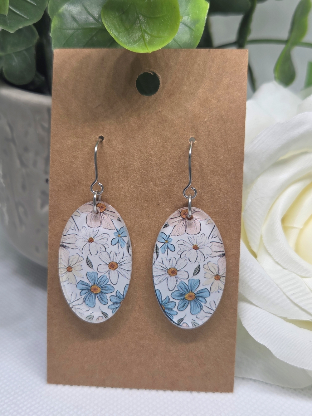 Floral Oval Dangle Earrings in Blue and White